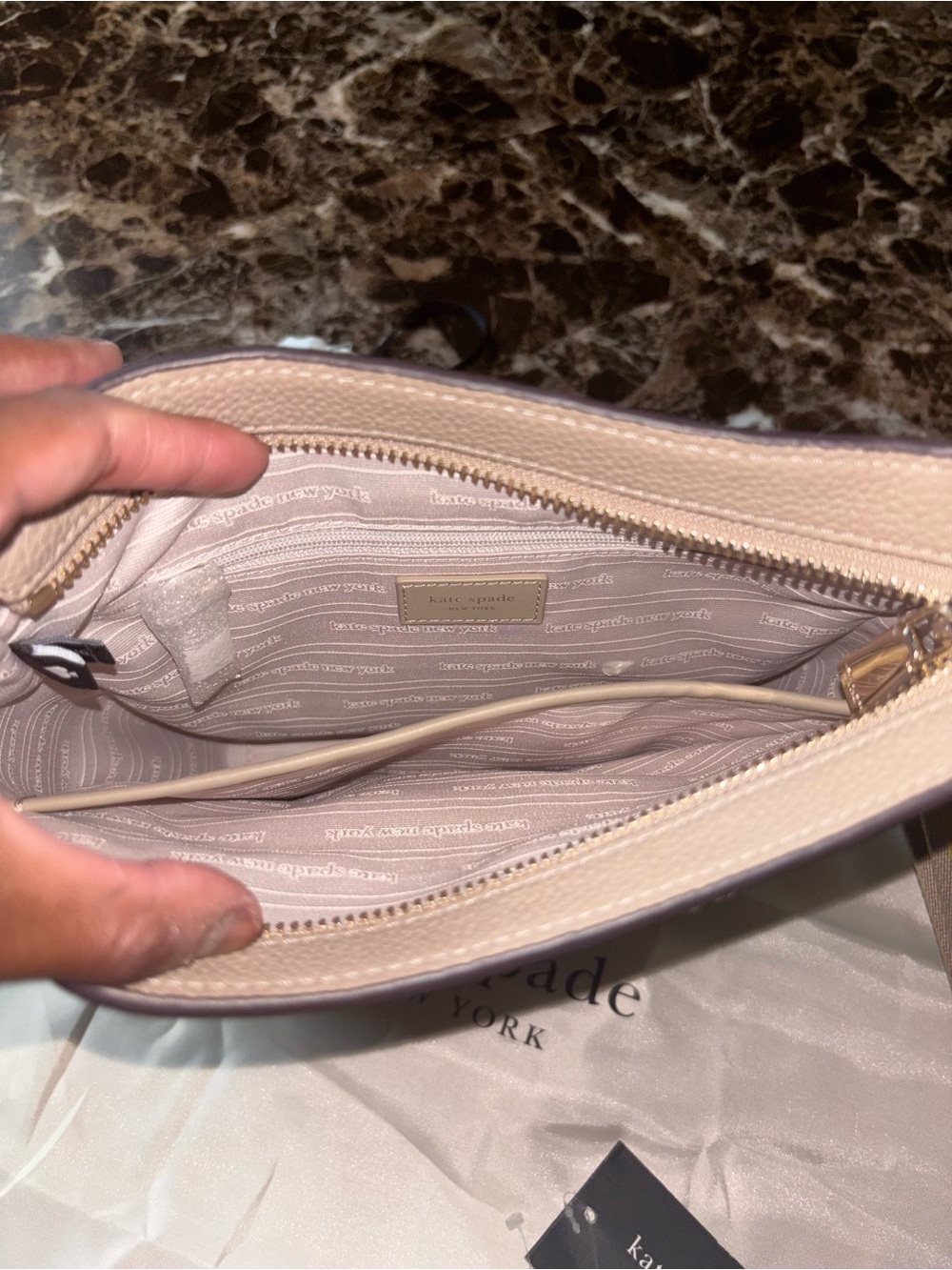 Kate Spade - Pebbled Leather Crossbody in Taupe with Yellow-Striped Strap - Picture 9 of 9